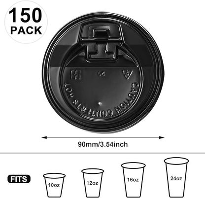 SIUQ 150 Pack Coffee Cup lids, Disposable Plastic Cup Lids for 10, 12, 16, 20, 24 oz Paper Cups, Hot/Cold Drinking Cup Lids, 3.54 Inches/90 mm Diameter - Black