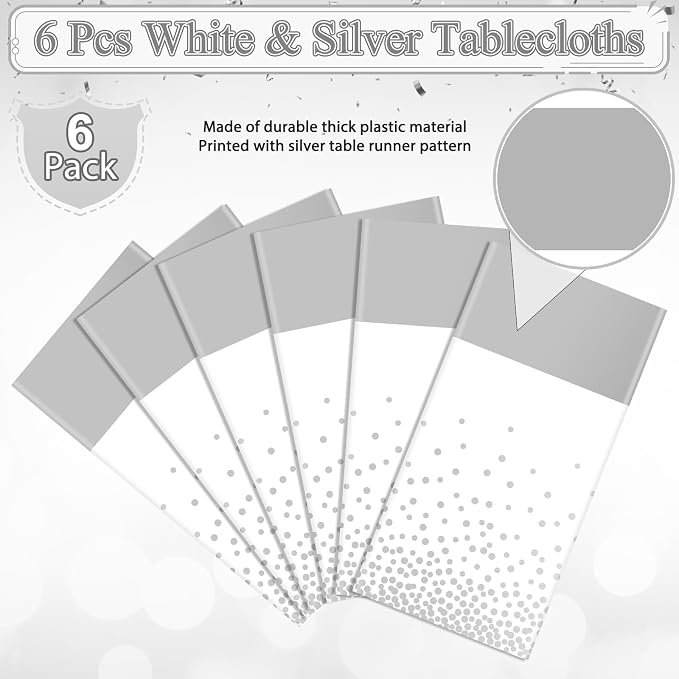 MASHAN 6Pcs White and Silver Polka Dot Plastic Tablecloth, 54x108 Inch - Image 4