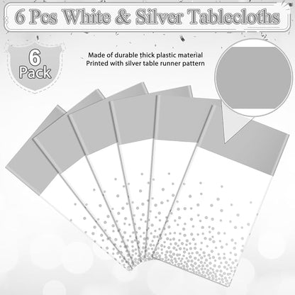 MASHAN 6Pcs White and Silver Polka Dot Plastic Tablecloth, 54x108 Inch - Image 4