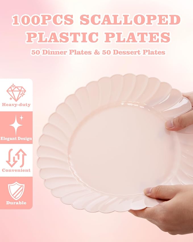 YOUBET 100PCS Pink Scalloped Plastic Plates - Image 3