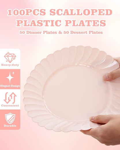 YOUBET 100PCS Pink Scalloped Plastic Plates - Image 3
