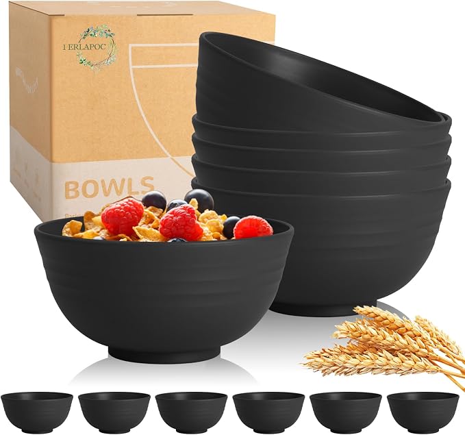 Wheat Straw Bowls Set of 6, Unbreakable Lightweight 26 OZ Cereal Bowls by Perlapoc