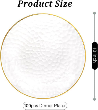 DaYammi 100 Pcs Gold Plastic Plates - 10 inch Clear Gold Dinner Plates Plastic Plates Disposable - Hammer Pattern Design - Fancy Disposable Plate - Heavy Duty Party Plate Ideal for Wedding