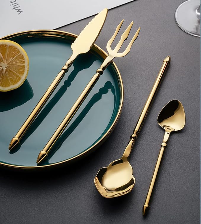 Gold Silverware Set for 6 Durable 18/10 Stainless Steel Flatware Set Creative Styles 24 Piece Modern Cutlery Tableware Utensils Set for Home Kitchen Wedding Restaurant Knives forks and Spoons