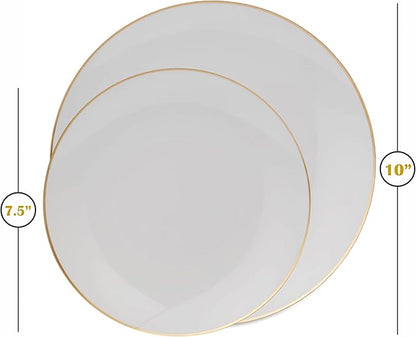 100PCS White Dinnerware Combo | 50 Gold Rim Appetizer/Dessert Plates (7.5in) & 50 Dinner Plates (10in) | Heavy Duty Disposable Plastic Plates For Wedding, Parties, Catering