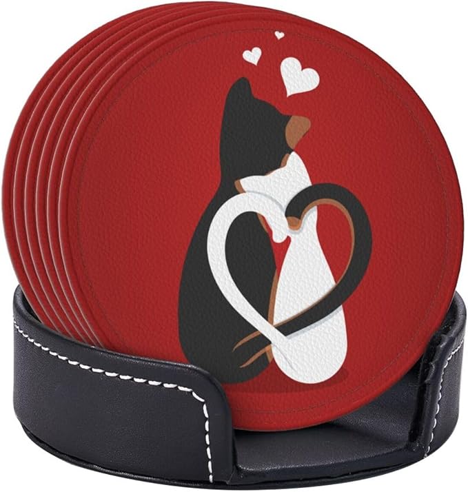 Drink Coasters with Holder Stand Set of 6, Valentine's Day Cat Pu Leather - Image 2