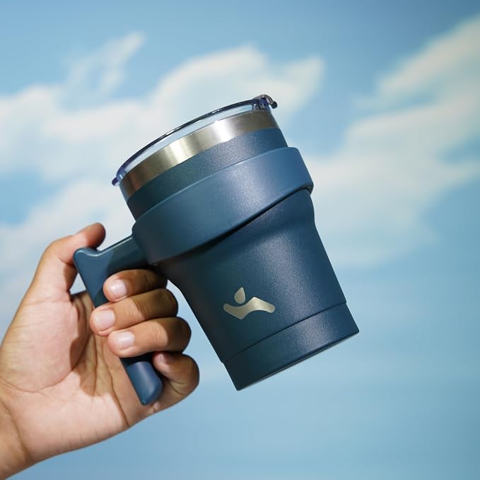 Konokyo 10 oz Tumbler with Handle and Straw, Insulated Travel Mug | Navy Blue; - Image 5