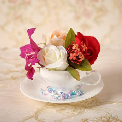 White Fine Porcelain 7 Oz Teacup Saucer Set, Sculpture Surface, Light Weight - Image 2