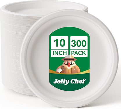 JOLLY CHEF Compostable Heavy Duty Plates 𝟭𝟬 𝗜𝗻𝗰𝗵 [𝟯𝟬𝟬 𝗣𝗮𝗰𝗸] Eco-Friendly Disposable White Uncoated Paper Plates Bagasse Sugarcane Biodegradable for Hot Cold Food Party Dinner Weddings