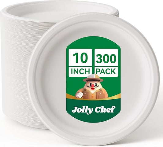 JOLLY CHEF Compostable Heavy Duty Plates 𝟭𝟬 𝗜𝗻𝗰𝗵 [𝟯𝟬𝟬 𝗣𝗮𝗰𝗸] Eco-Friendly Disposable White Uncoated Paper Plates Bagasse Sugarcane Biodegradable for Hot Cold Food Party Dinner Weddings