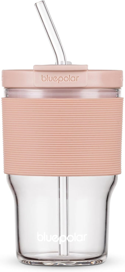 Glass Juice Bottles with Lids and Straws, 16oz/480ml Reusable Iced Coffee by BLUEPOLAR