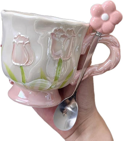 Ceramic Coffee MugEspresso Cup 14oz Pink Cute Flower withSpoon | novelty coffee by Unknown