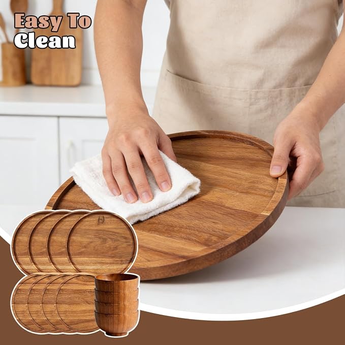 12 Pcs Wood Dinnerware Set, 8 Inch 10 Inch Round Wooden Plates and wooden bowl - Image 6