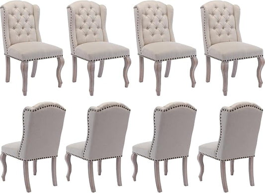 chairus Tufted Parsons Dining Chairs Set of 8, French Country Upholstered Dining Room Chairs with Nailhead Trim & Curved Wood Legs, Farmhouse High Back Armless Side Kitchen Chairs, Beige Linen