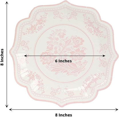 50 Pack 8" White Pink French Toile Dessert Plates, Disposable Round Paper Floral Pattern Appetizer Salad Plates 300 GSM for Party Decoration