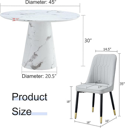 Round Dining Table Set for 6, 45" Modern Faux Marble Kitchen Table and Upholstered Chairs, 7 Piece Circle Dinner Set for Dining Room, Kitchen (White Set)