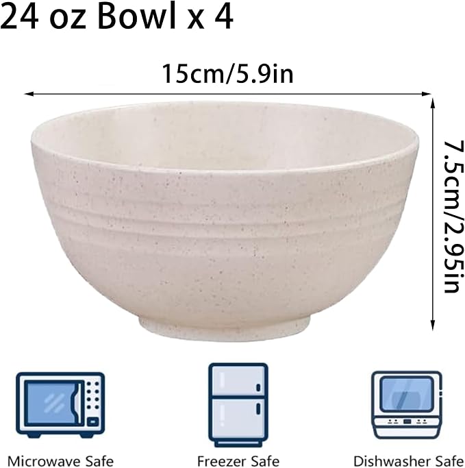 Unbreakable Wheat Straw Cereal Bowls Set of 4, 24 OZ Microwave and Dishwasher - Image 2