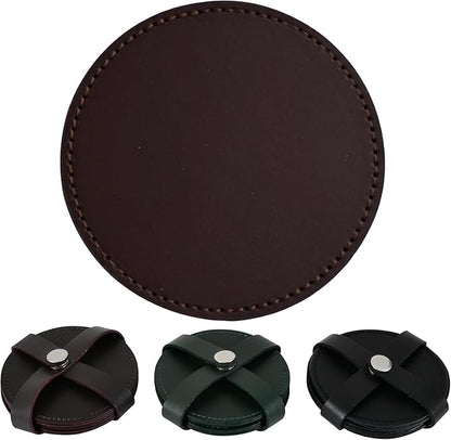 Genuine Leather, Premium Table Coasters by Leatherific, Round, 4 inch, Set of 6, with Holster, Handcrafted, Hand Made, Non Slip Drink Mats, Brown (Brunette Brown, 4")