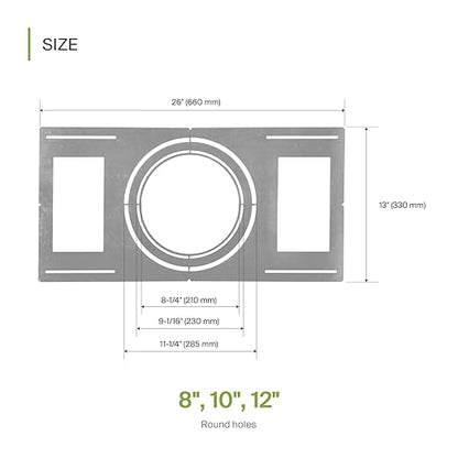 ASD New Construction Mounting Plate with Symmetric Round Hole - 8-10-12" Flat Steel Rough-in Wafer Light Bracket, LED Recessed Lighting Housing, 6 Pack
