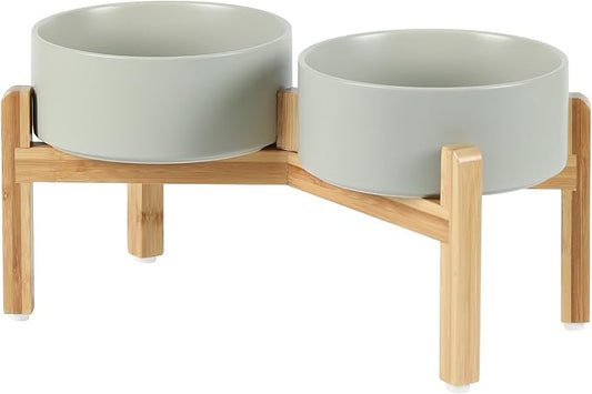 Ceramic Raised Double Bowls Set with Stand, Food & Water Bowls for Medium Breed Dogs, Weighted Dog Dishes, Pet Bowl(7.3'',41OZ, Grey)