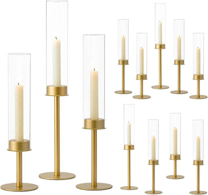 Hewory Gold Candle Holders, 12Pcs Brass Hurricane Candlestick Holders with Glass Candle Cover for Wedding Table Centerpiece Christmas Decor