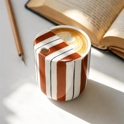 1 Pcs Ceramic Mug with Sip Hole 10 oz Novelty Brown Black Striped Coffee Mug - Image 7