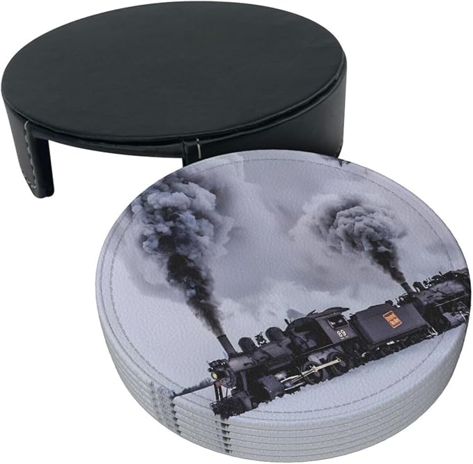 6 Pcs Winter Train Braving Smoke On Black Railroad Tracks Leather Coasters - Image 4