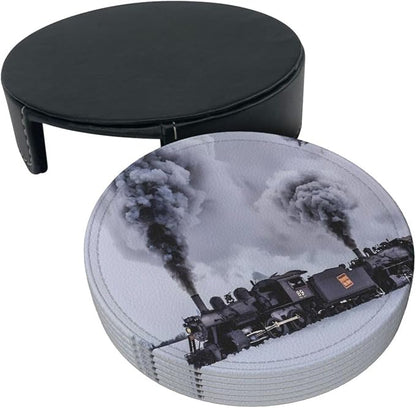 6 Pcs Winter Train Braving Smoke On Black Railroad Tracks Leather Coasters - Image 4