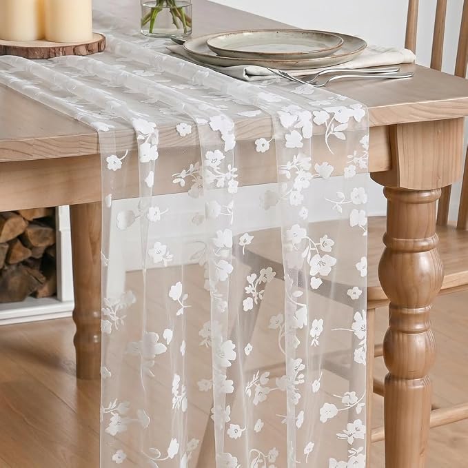 Artoid Mode White Gauze Flocking Flowers Table Runner 10FT, Seasonal Sheer by ArtoidMode