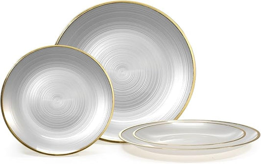 " OCCASIONS " 50 Plates Pack (25 Guests)-Wedding Party Disposable Plastic Plate Set -25 x 10'' Dinner + 25 x 7'' Salad & Dessert plates (Belize in White Pearl & Gold)