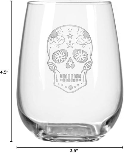 Rolf Glass Sugar Skull Stemless Wine Tumbler 17 ounce - Stemless Wine Glasses - Lead-Free Glass - Etched Tumbler Glasses - Proudly Made in the USA (Set of 2)