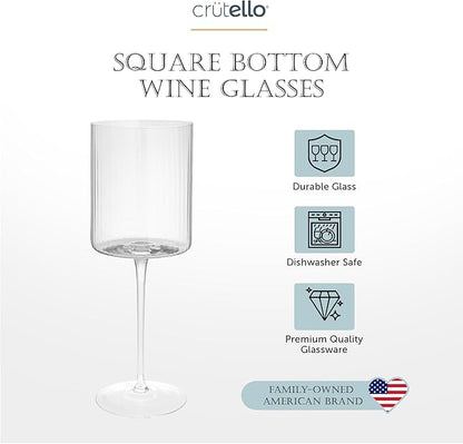Crutello Square Wine Glasses Set of 4-17.5 oz Unique Fluted Vintage Glasses with Ribbed Texture and Long Stem - Large Modern Red or Fancy White Wine Glass Set, All Purpose
