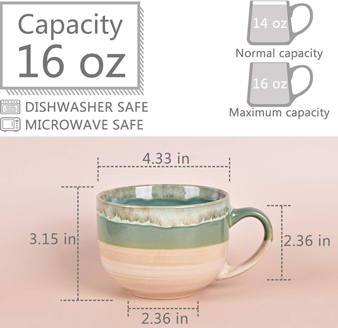 Bosmarlin Large Ceramic Coffee Mug Set of 2, Stoneware Jumbo Latte Mugs - Image 2