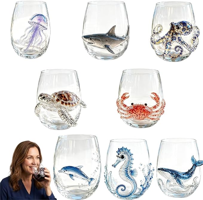 Artisanal Blue Ringed Octopus Glassware, 3D Ocean Glass Wine Glass，Set3 | by Unknown