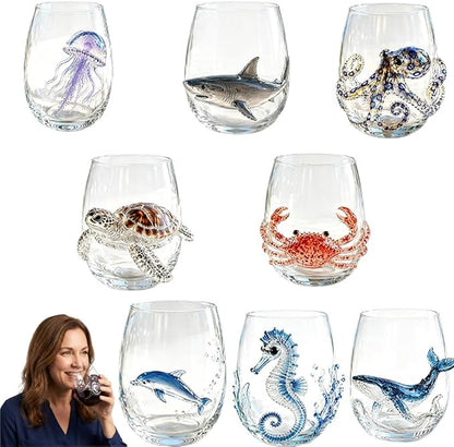Artisanal Blue Ringed Octopus Glassware, 3D Ocean Glass Wine Glass，Set3 | by Unknown