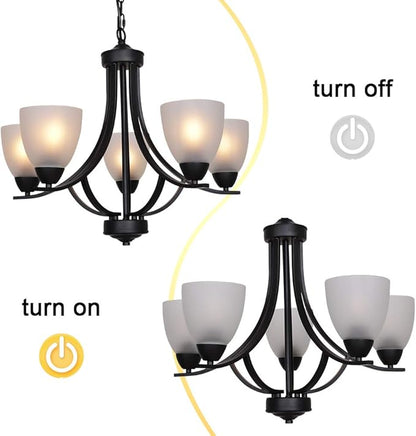 VINLUZ 5 Light Shaded Contemporary Chandeliers with Alabaster Glass Black Rustic Light Fixtures Ceiling Hanging Mid Century Modern Pendant Lighting for Dining Room Foyer Bedroom Living Room