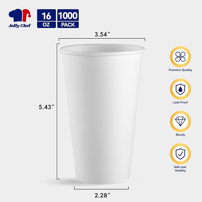 JOLLY CHEF 1000 Pack Disposable Paper Coffee Cups 16 oz | Hot Beverage Paper - Image 3