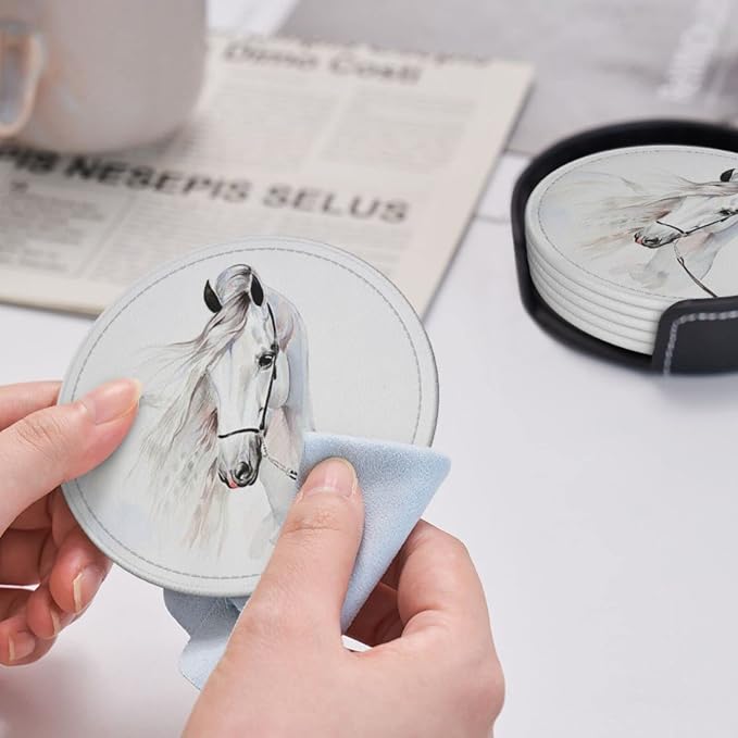6 Pcs White Horse Animal Leather Coasters - Image 6