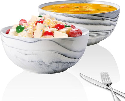 Yundu 9'' Deep and Large Mixing Bowls,84 oz Porcelain Serving Bowls for Pasta Fruit Soup Salad, Set of 2-Grey Marbled