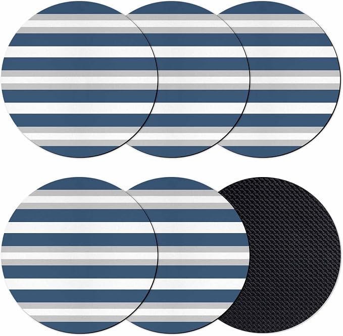 Navy Blue Grey Stripe Coasters Set of 6, Minimalist Farmhouse Striped Soft by PIEPLE
