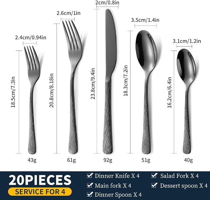Hammered Black Silverware Set, Flatware Set, 18/10 Stainless Steel Premium - Image 3
