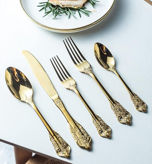 Gold Silverware Set for 14 Premium 18/10 Stainless Steel Flatware Set Palace Style 70 Piece Cutlery Tableware Utensils Embossed Decorative Handle Knives Forks and Spoons for Home Christmas Wedding