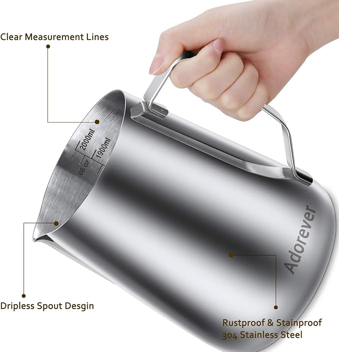 Milk Frothing Pitcher, 66oz Steaming Pitcher Stainless Steel Espresso Machine - Image 2