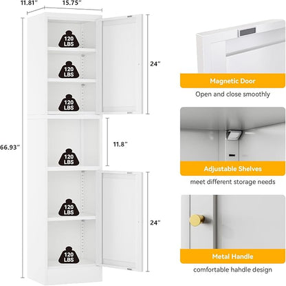 2-Door Metal Storage Cabinet, Tall Slim Pantry Organizer with 3 Adjustable Shelves (120LBS/Shelf), Anti-Tipping Waterproof Cabinet for Bathroom/Kitchen/Home Office/Small Spaces, (1PC,White)