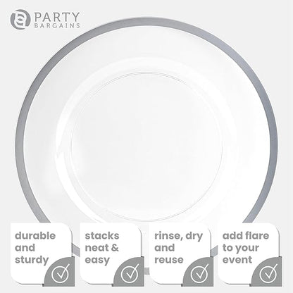 PARTY BARGAINS 13-Inch Charger Plates - 48 Pack, Clear Silver Rim, Heavy-Duty Disposable Chargers for Elegant Dining - Ideal for Weddings and Formal Events