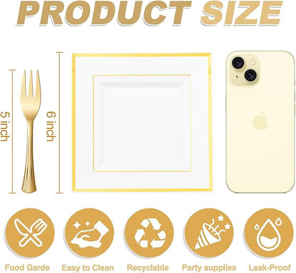 WDF 200PCS Gold Plastic Dessert Plates with Plastic Forks -6” 100 Square Disposable Appetizer Plates Small Plate Cake Plate &100 Gold Small Appetizer Forks for Daily Using Thanksgiving
