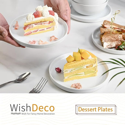 Ceramic Appetizer Plates Set of 6, Small Dessert Plates 7 inch, White Round Salad Plate, Porcelain Dinner Dishes for Cake, Waffle, Pasta, Microwave & Dishwasher Safe