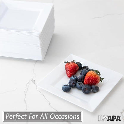 Ilyapa 50 White Square Disposable Plates - 4.5" Inch, Plastic Disposable Mini Square White Plates, for Appetizers, Dessert, & Tasting