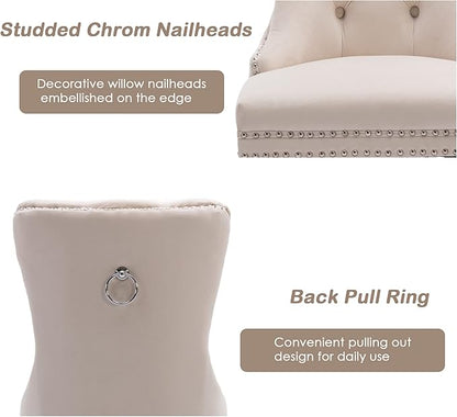 KCC Velvet Dining Chairs Set of 4, Upholstered High-end Tufted Dining Room Chair with Nailhead Back Ring Pull Trim Solid Wood Legs, Nikki Collection Modern Style for Kitchen, Beige