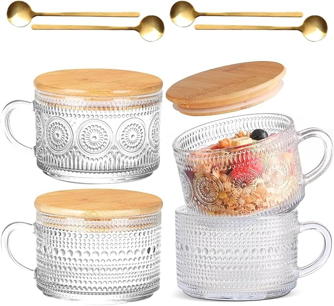 Overnight Oats Cups 4pcs Vintage Glass Coffee Mugs Embossed Tea Cup Set | by Fashionstorm
